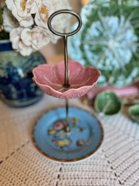 Bordallo Pink Cabbage and Famille Rose Petite Tiered Stand