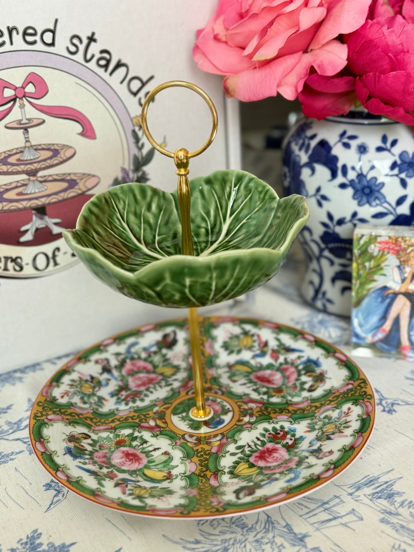 Bordallo Pinheiro Cabbage Bowl and Famille Rose Two Tiered Serving Stand