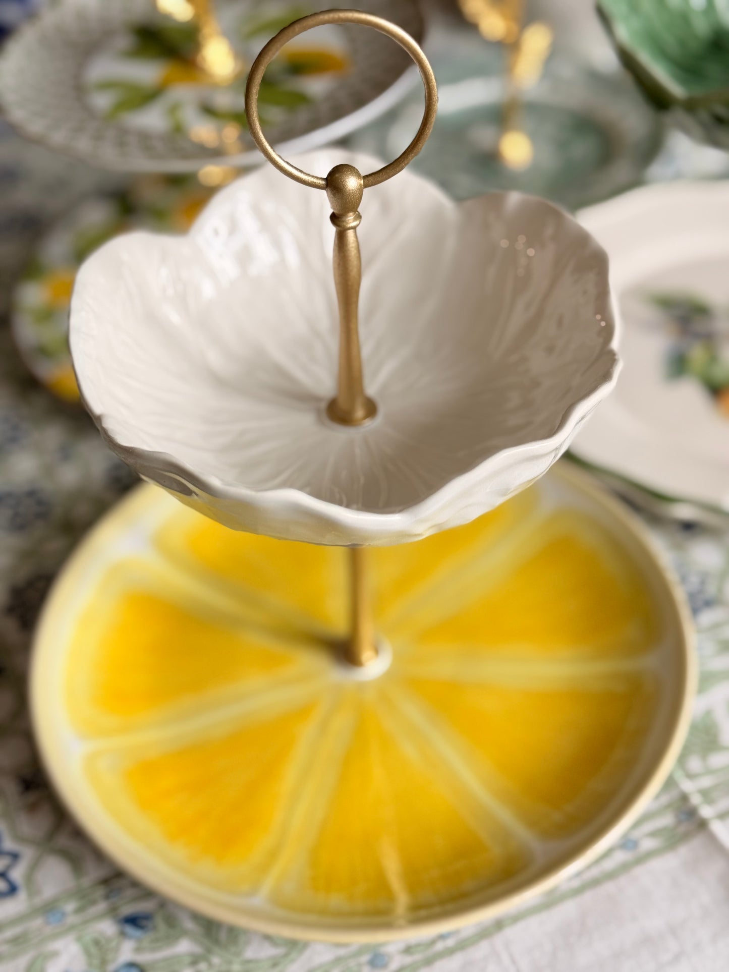 Lemon Slice Tiered Stand with Cream Cabbage Top – 2 Tier Serving Stand