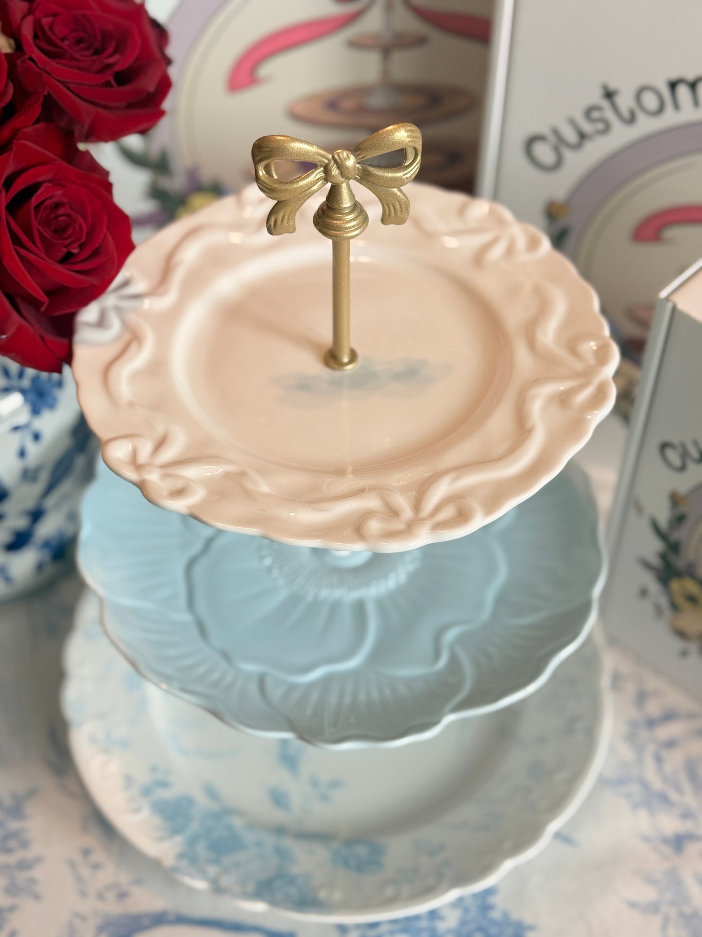 Soft Blues Three-Tiered Stand- LoveShackFancy, Lenox and Anthropologie Bows