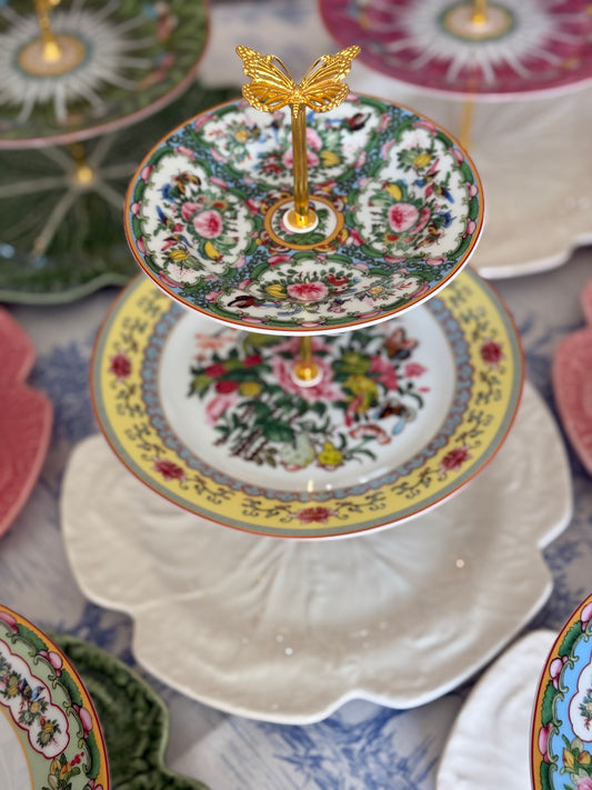 Famille Rose (Yellow Accent) and Beige Bordallo Pinheiro Three Tiered Stand