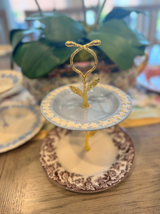 Two-Tier China Stand with Spode Brown Floral and Wedgwood Cream Embossed Plates