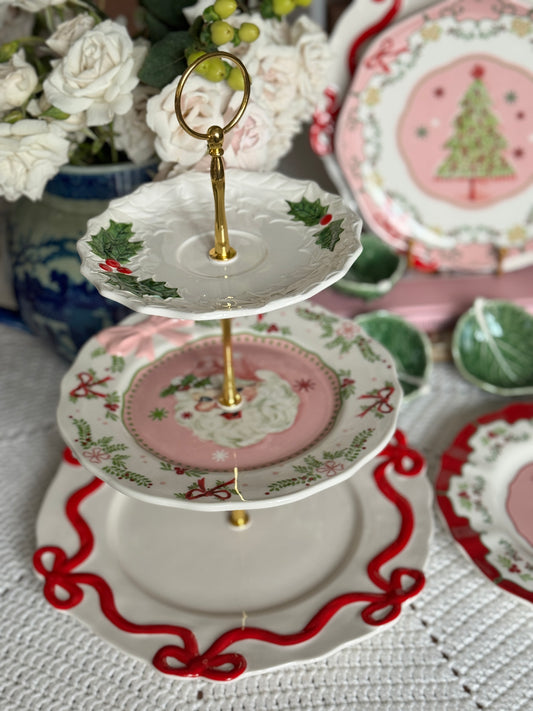 Christmas Tiered Stand – Holly, Santa, and Red Bow Plates for Holiday Entertaining & Dessert Display