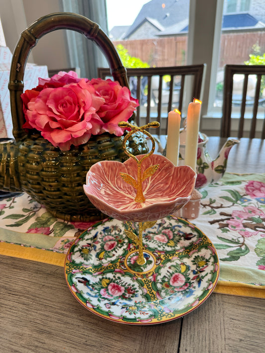 Two-Tier Stand with Rare Bordallo Pink Leaf Bowl & Famille Rose Plate – Floral Dessert Stand