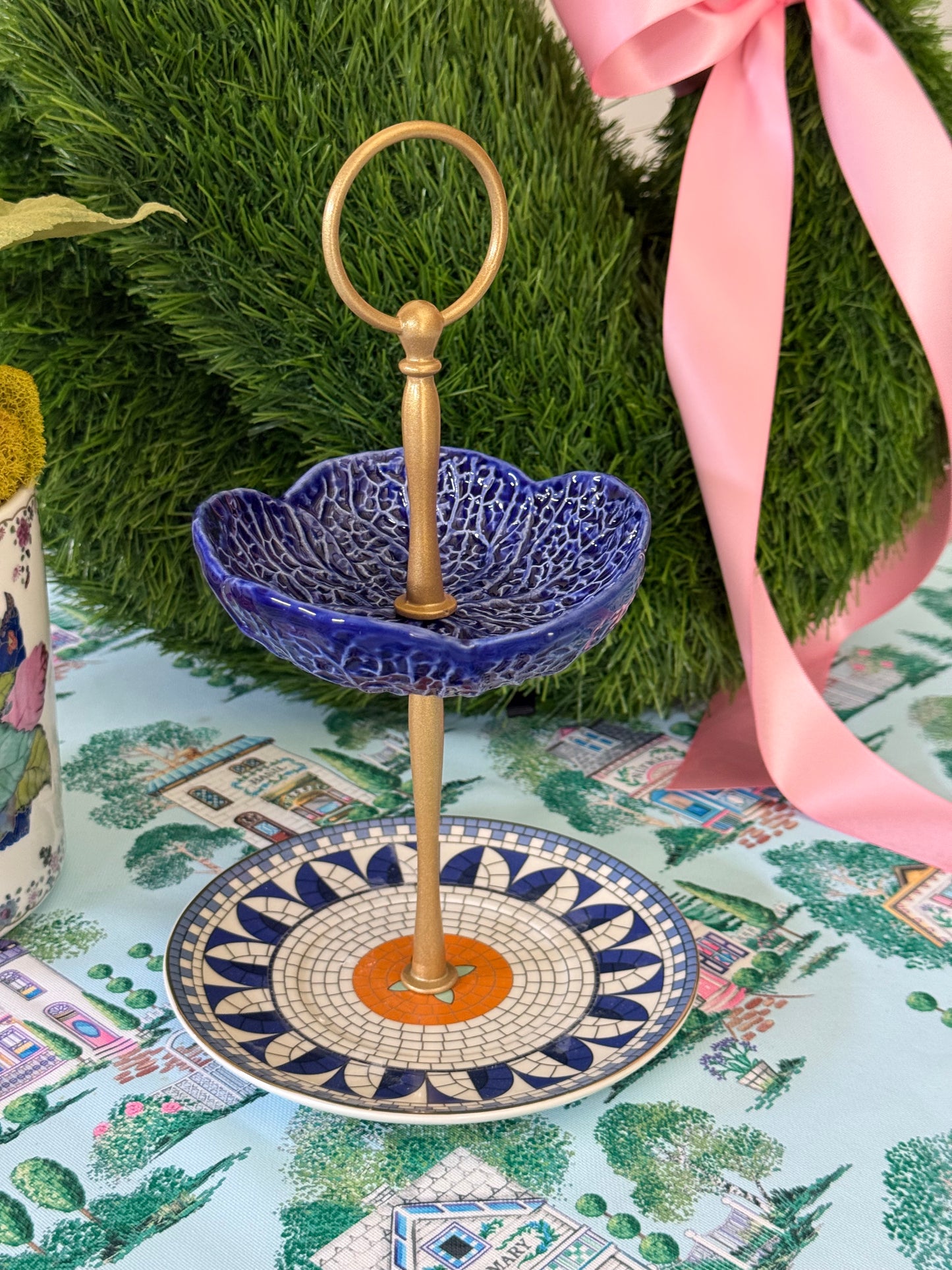 Blue Cabbage and Bistro Tile Petite Tiered Stand