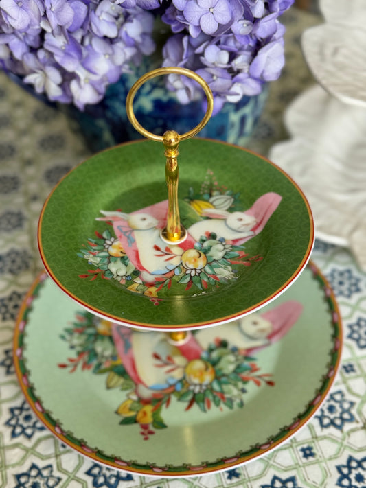 Famille Rose Bunny Two-Tiered Stand – 9” Base Plate – Pink Floral Easter Tiered Serving Stand (Green)