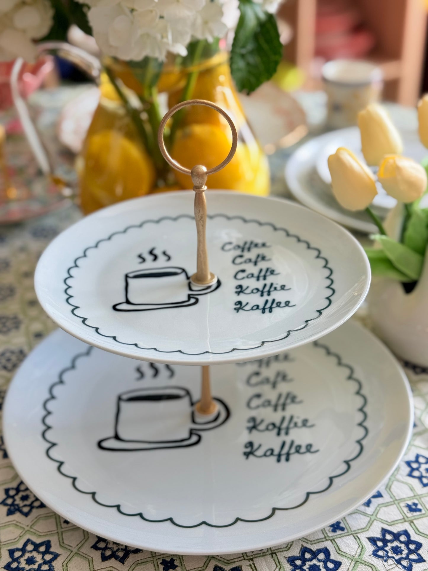 Black & White Coffee Doodle Tiered Stand | UK Artist Plates Dessert Stand | 2-Tier Serving Stand