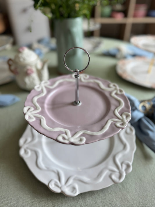 Anthropologie Benedita Bow Two-Tier Stand – Lilac & White Plates with Gold Bow Handle