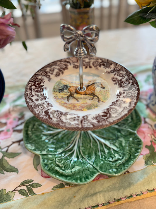 Two-Tiered Spode Woodland American Quarter and Green Bordallo Cabbage Stand – Equestrian Elegance