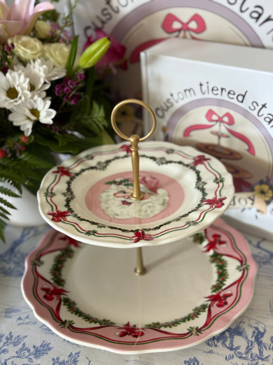 Sweet Christmas Pink Santa Two Tiered Stand - Pink Christmas