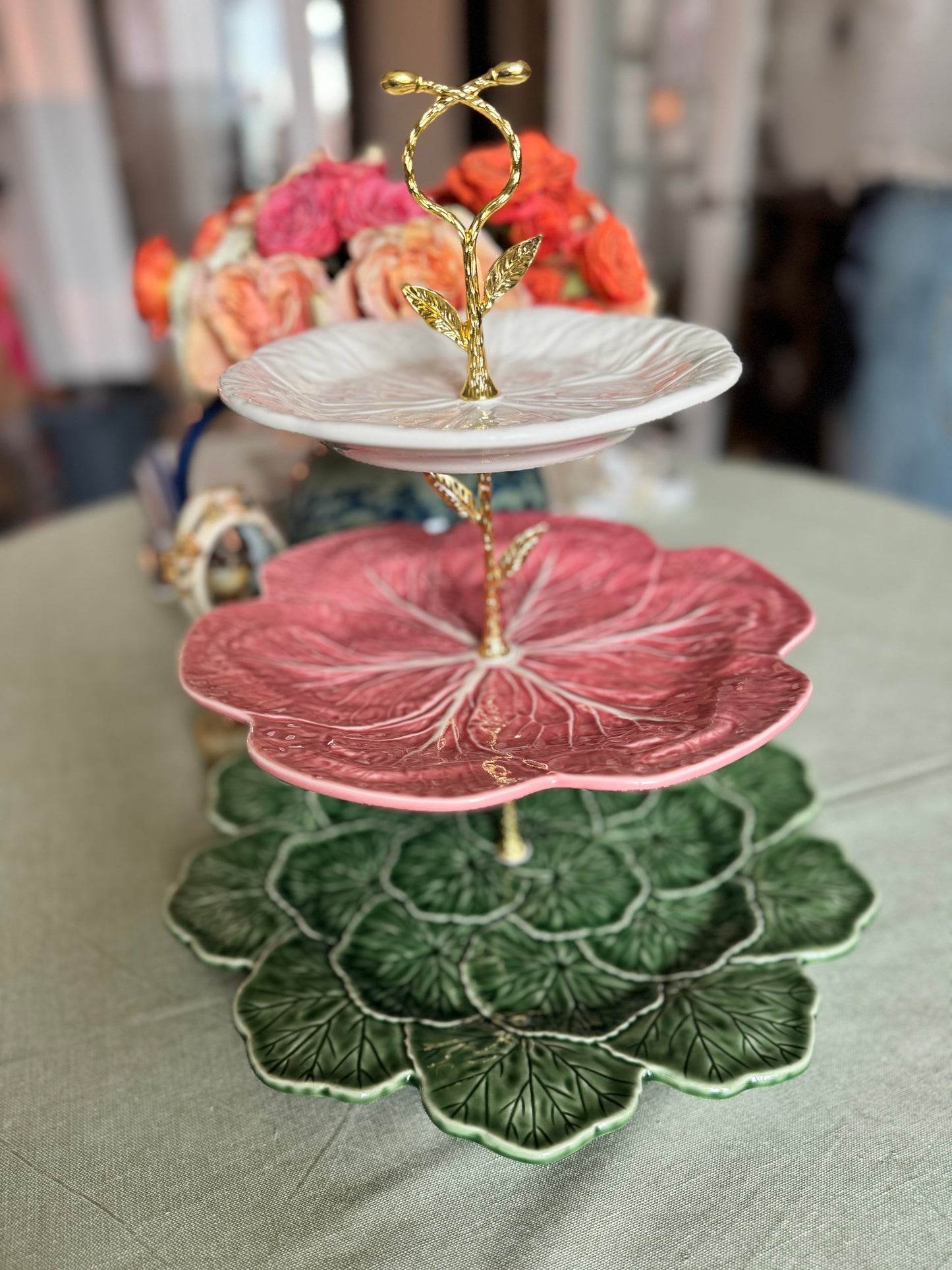 Bordallo Geranium, Pink Cabbage, and White Cabbage 3-Tiered Stand – Handcrafted Serving & Display Piece