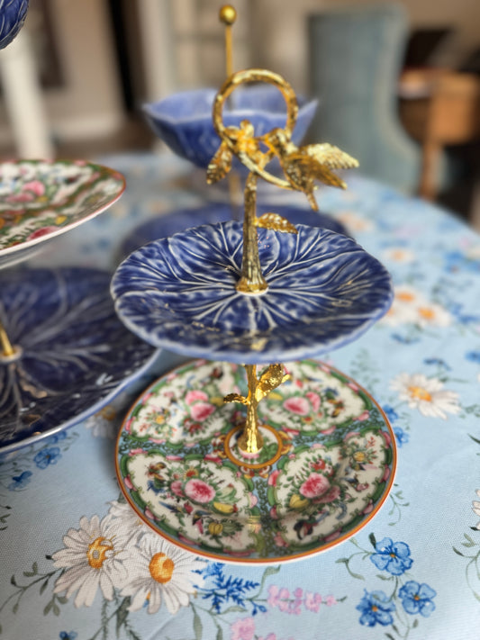Blue Cabbageware and Rose Canton Two Tiered Stand with Exclusive Gold Bird Hardware