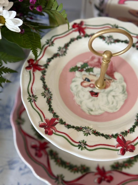 Sweet Christmas Pink Santa Two Tiered Stand - Pink Christmas
