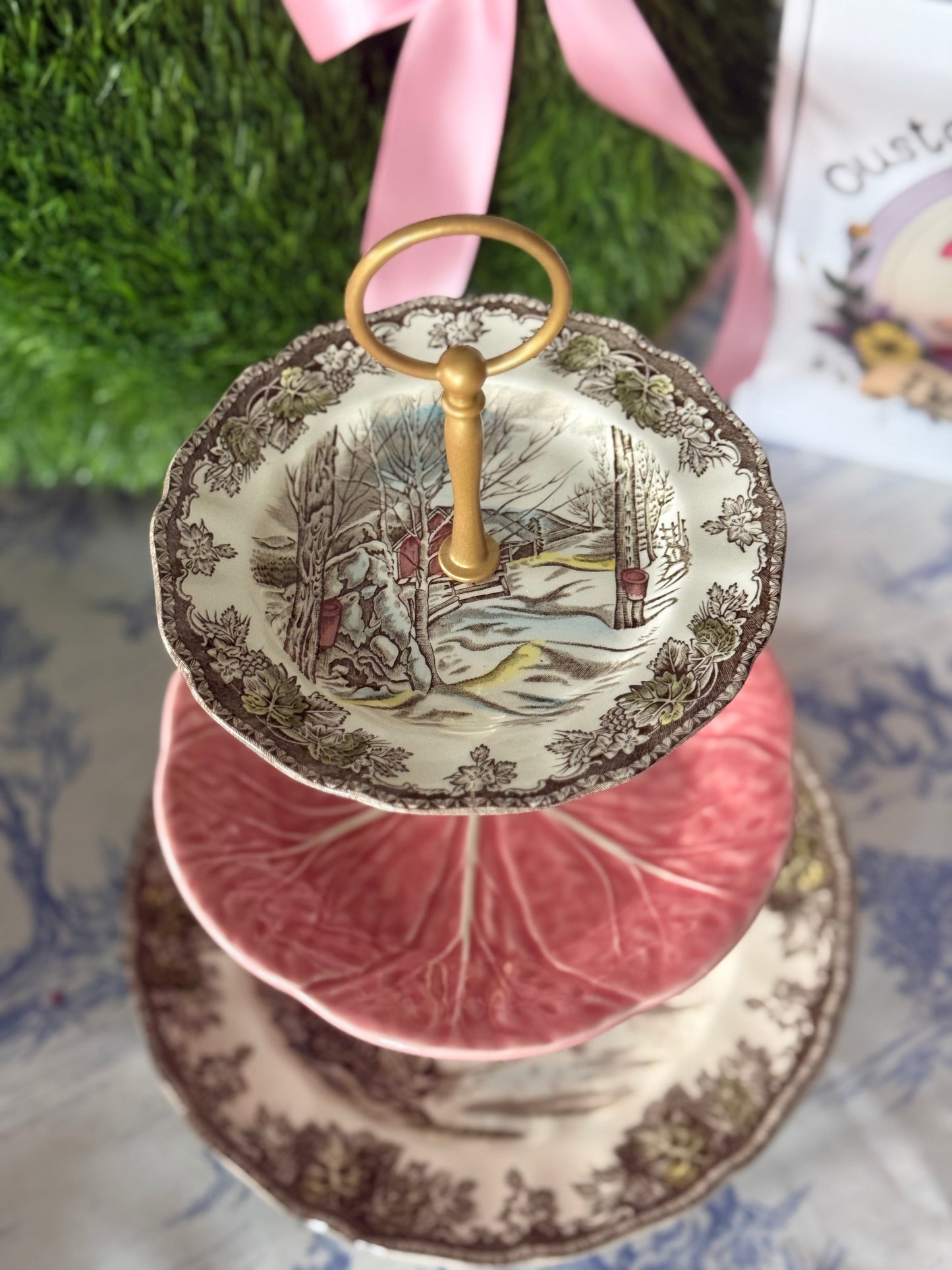 Johnson Brothers Friendly Village and Bordallo Pink Cabbage Three Tiered Stand
