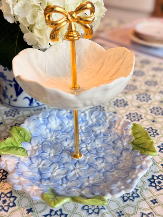 Blue Hydrangea & Cream Cabbage Two Tiered Stand