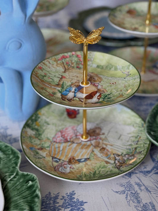 Peter Rabbit Two-Tiered Stand – Beatrix Potter Spring Storybook Dessert Stand (8.5” Base Plate) Food Safe