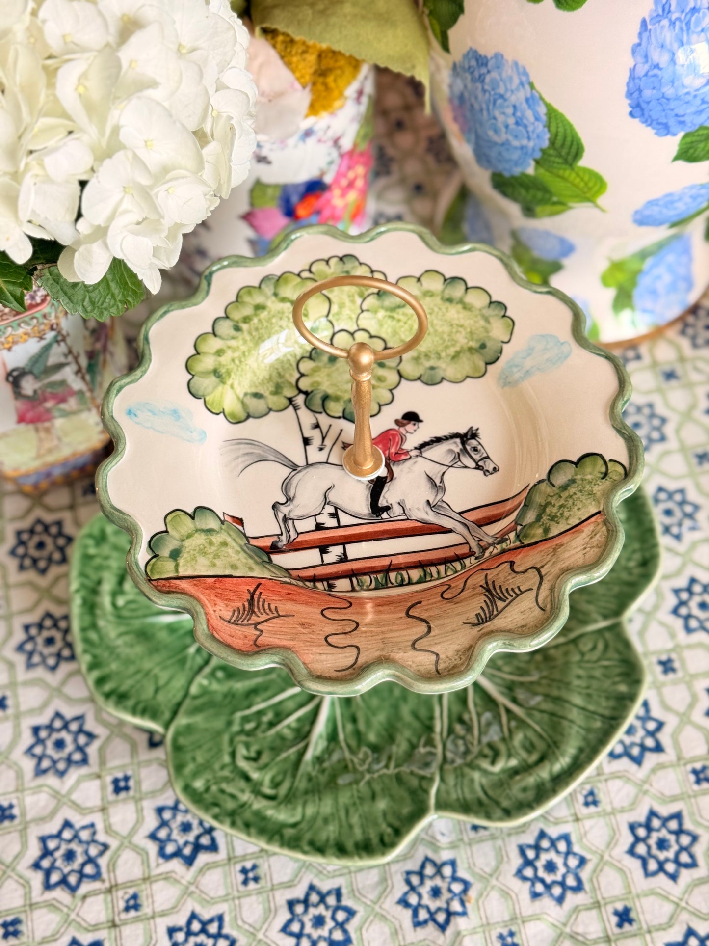 C.E. Corey Perfect Day & Bordallo Cabbage Tiered Stand | Green Equestrian Serving Stand