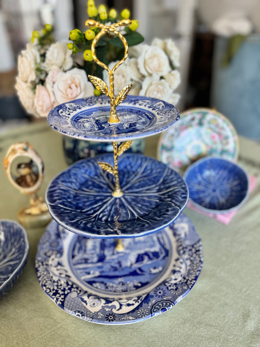 Spode Blue Italian and Blue Cabbageware Three Tiered Stand