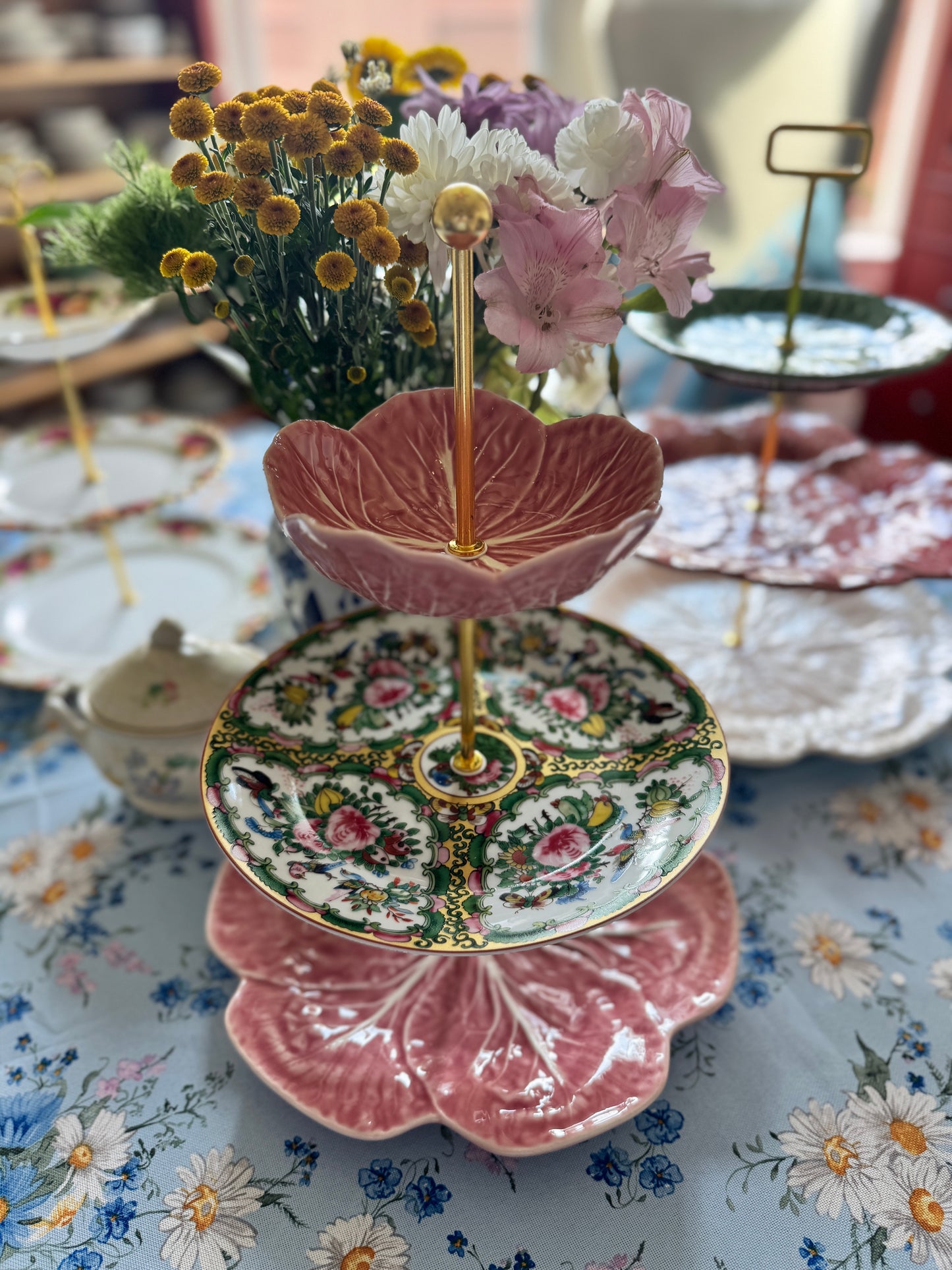 Pink Bordallo and Famille Rose Three Tiered Stand