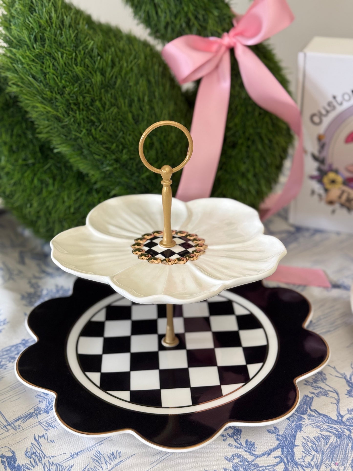 Mackenzie Childs Black and White Flower Two Tiered Serving Tray