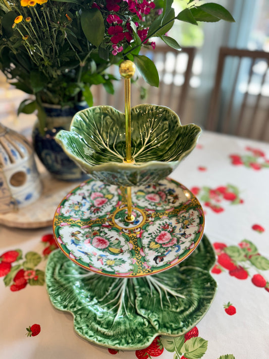 Oversize Bordallo Cabbageware and Famille Rose Three-Tier Stand – Charger Base with Cereal Bowl Top