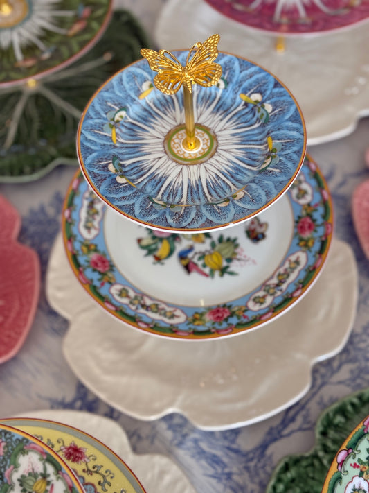 Famille Rose (Blue Bok Choy) and Bordallo Beige Cabbage Three Tiered Stand