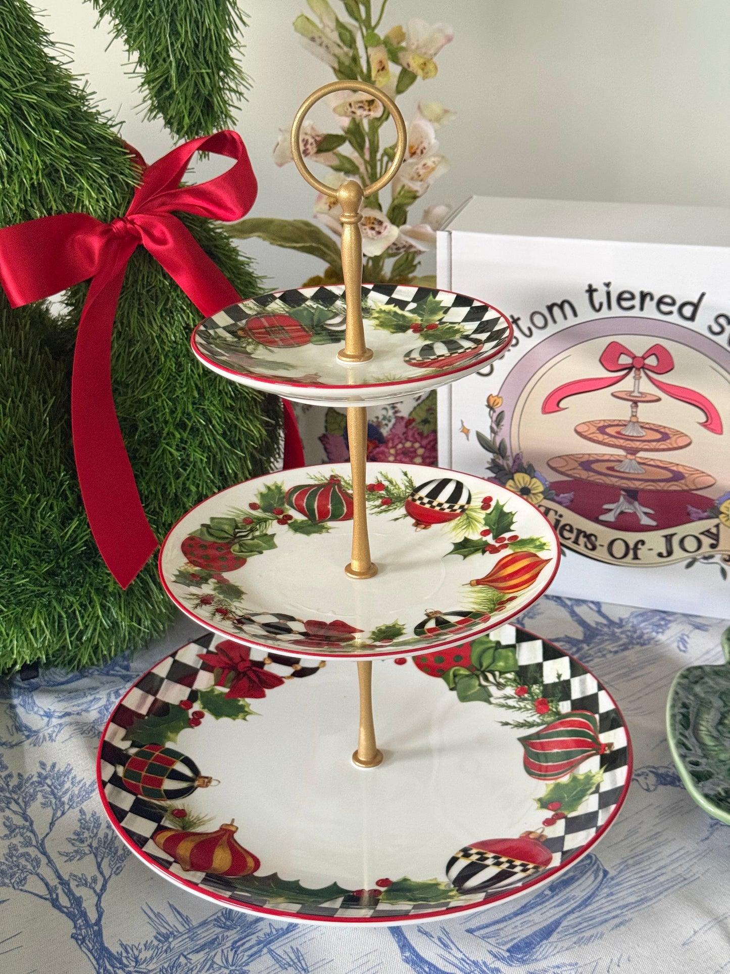 Mackenzie-Childs Deck the Halls Three Tiered Stand- Black and White Christmas