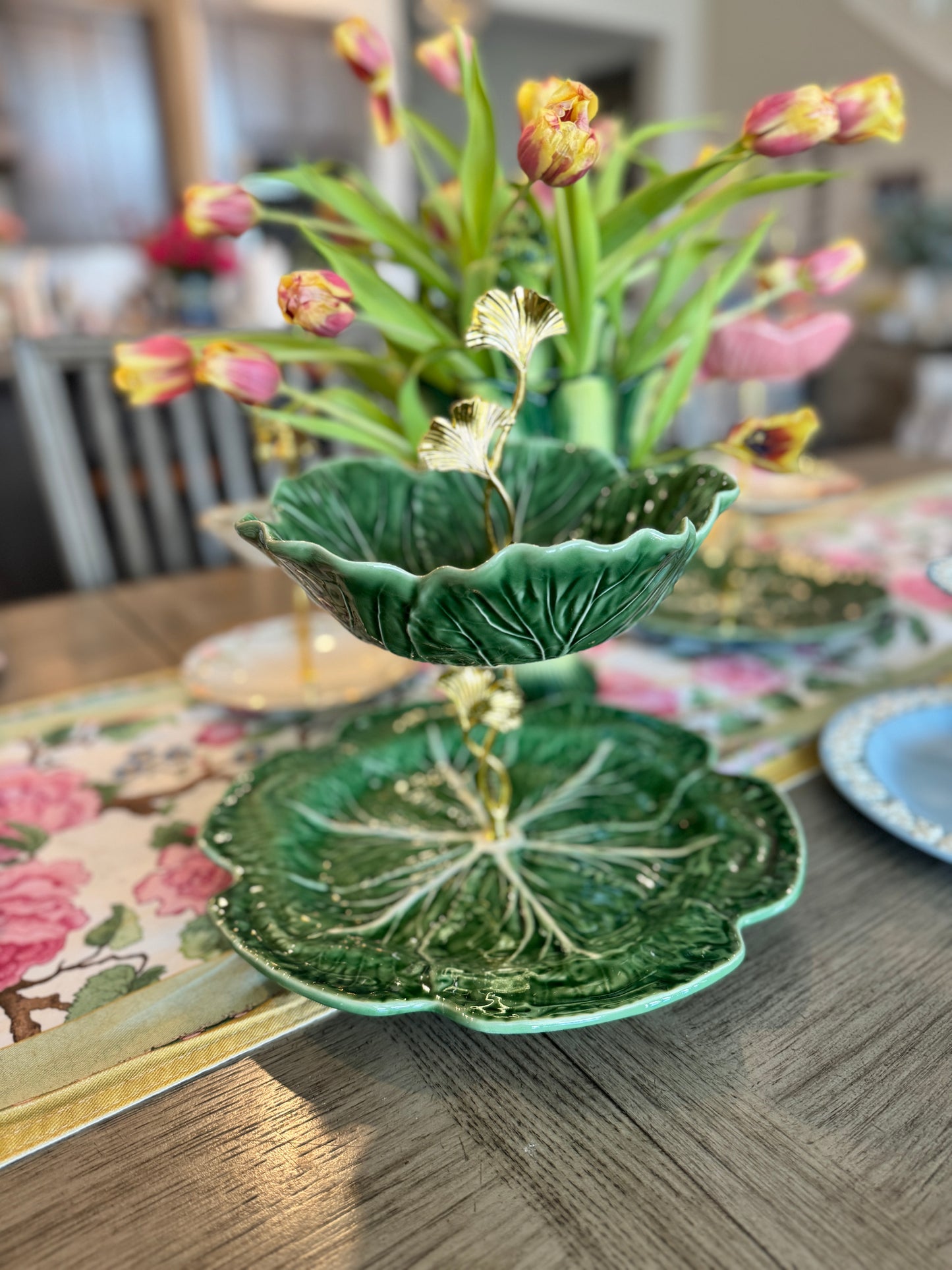 Handmade two-tiered stand made from Bordallo Pinheiro cabbageware with green leaf bowl and charger plate