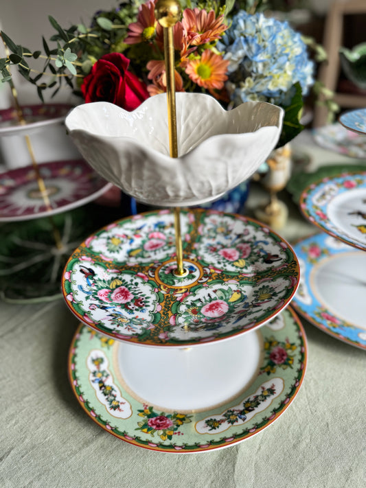 Williams Sonoma Famille Rose Three Tiered Stand with Cream Bordallo Cabbage Bowl