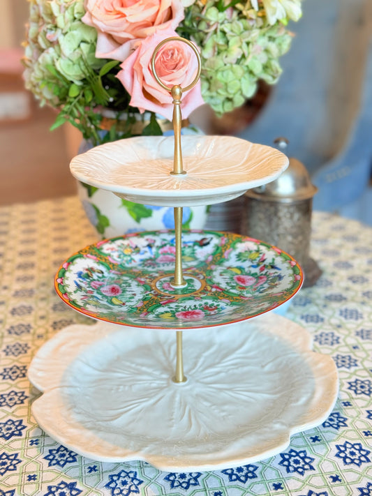 Beige Bordallo Cabbage and Famille Rose Three Tiered Stand (12” Base)