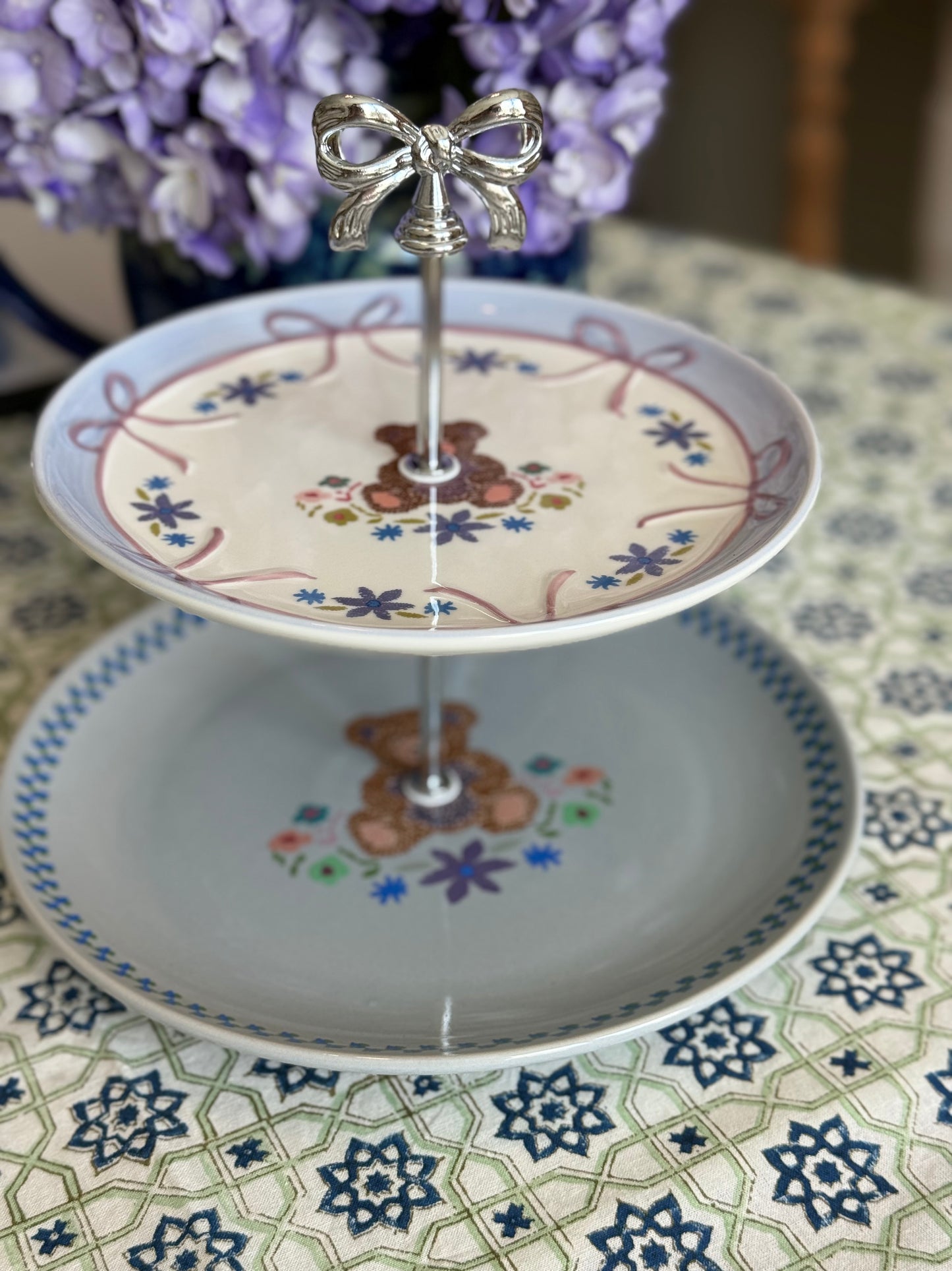 Purple Bear Two-Tier Tiered Stand with Silver Bow Hardware | 10.5” Base Nursery & Baby Shower Dessert Stand