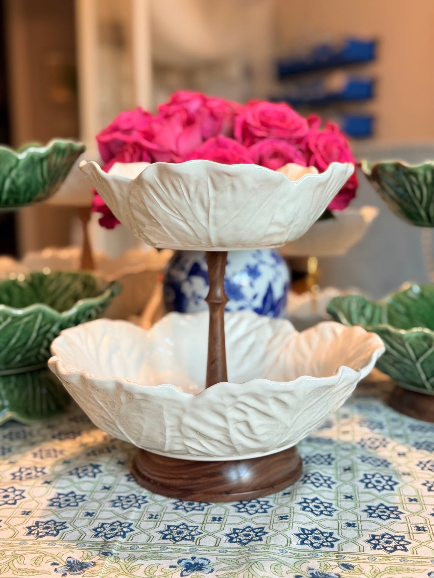 Bordallo Pinheiro Cream Cabbage Tiered Stand with Artisan Wood Base | Elegant Fruit Stand & Kitchen Counter Decor (12” base bowl)