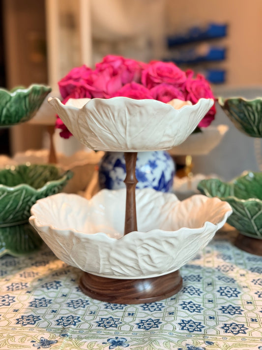 Bordallo Pinheiro Cream Cabbage Tiered Stand with Artisan Wood Base | Elegant Fruit Stand & Kitchen Counter Decor (12” base bowl)