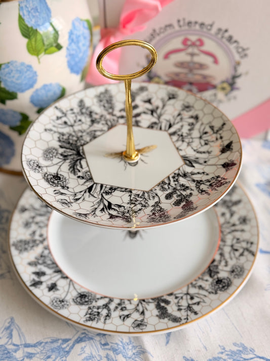 Modern Honeycomb Two Tiered Stand with Botanical Toile Accent- 10.5” base