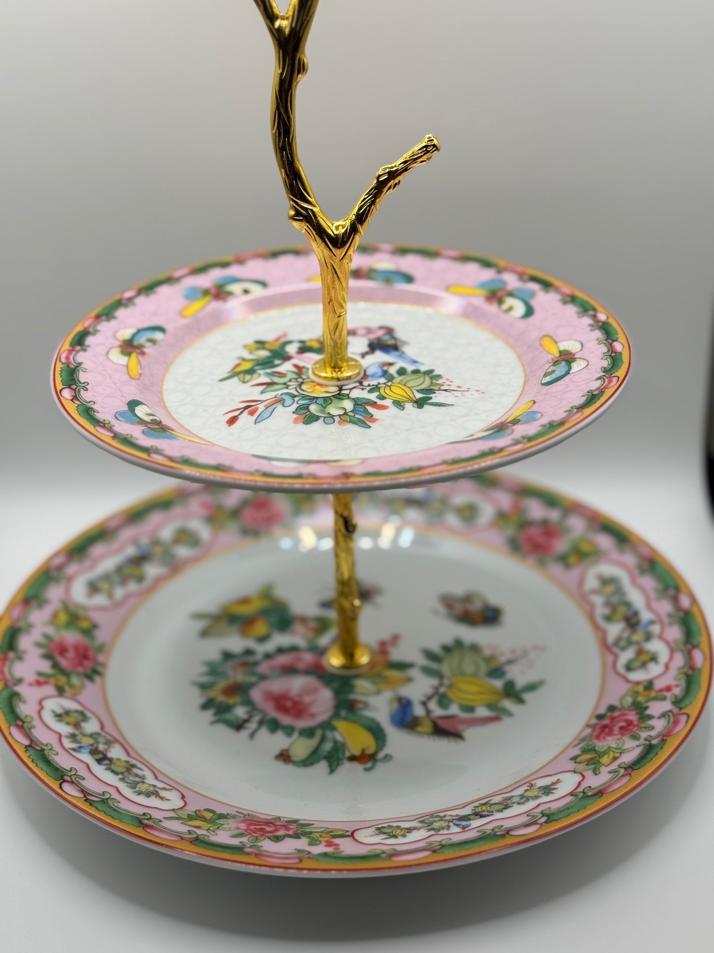 Famille Rose Pink Rim Two Tiered Stand (9.5” base)