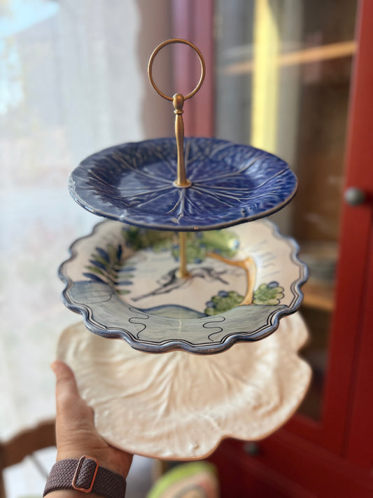 CE Corey Le Lapin, Blue Cabbage Tiered Stand with Bordallo Charger