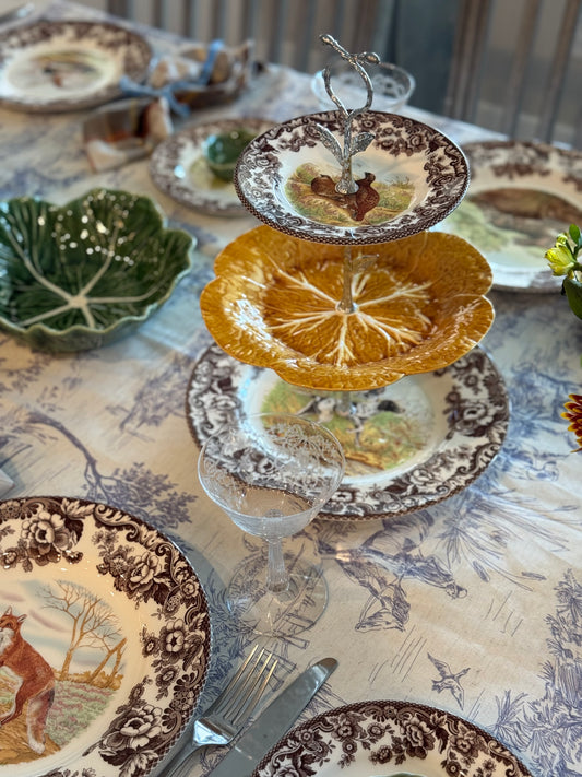 Spode Woodland and Vintage Bordallo Honey Gold Three Tiered Stand