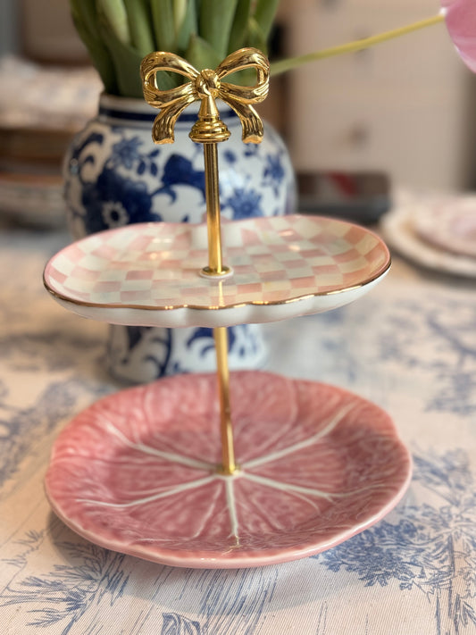 MacKenzie-Childs Pink Check & Pink Bordallo Pinheiro Two-Tier Petite Stand