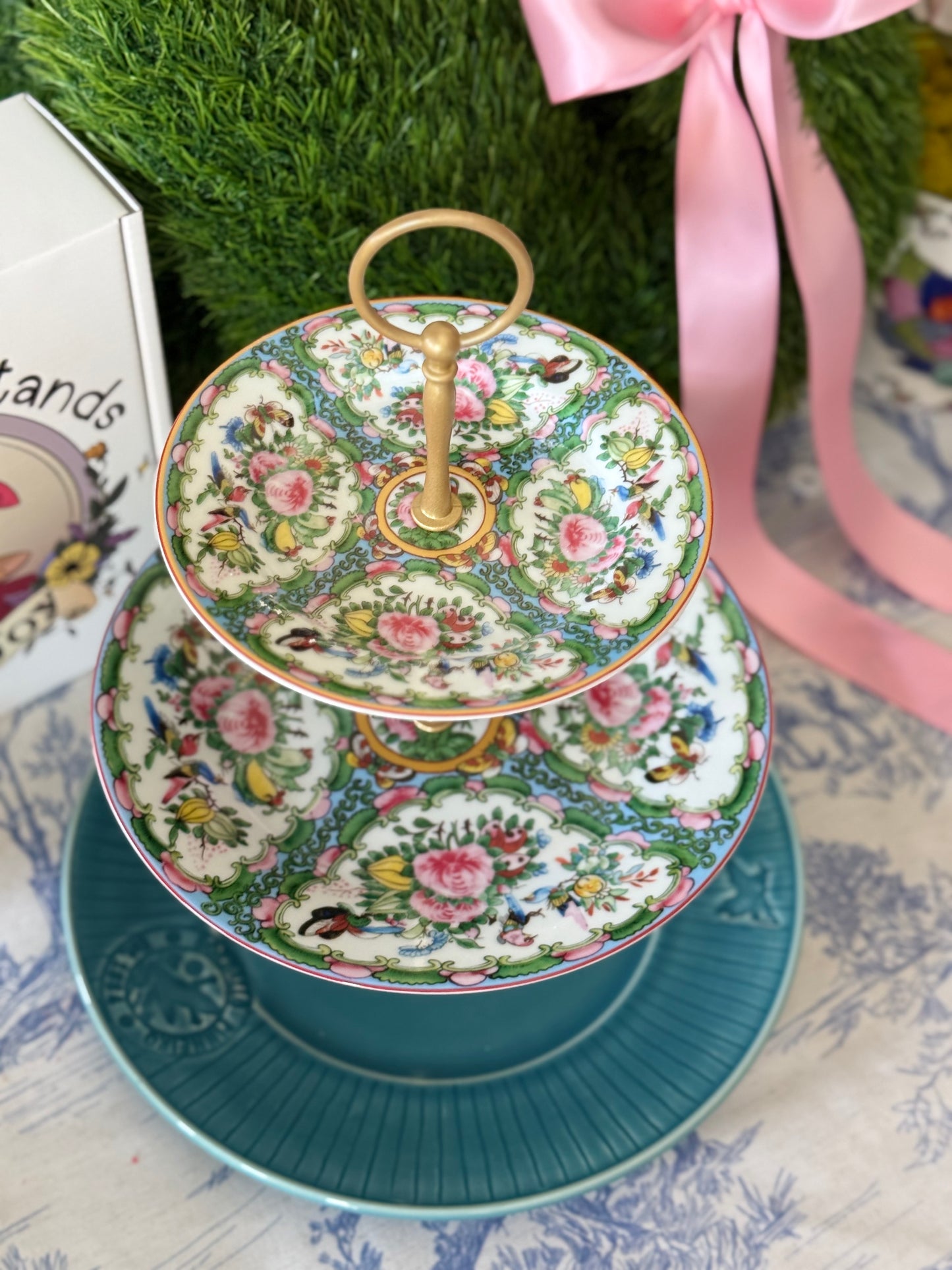 Famille Rose and Bordallo Pinheiro Aqua Green Three Tiered Stand