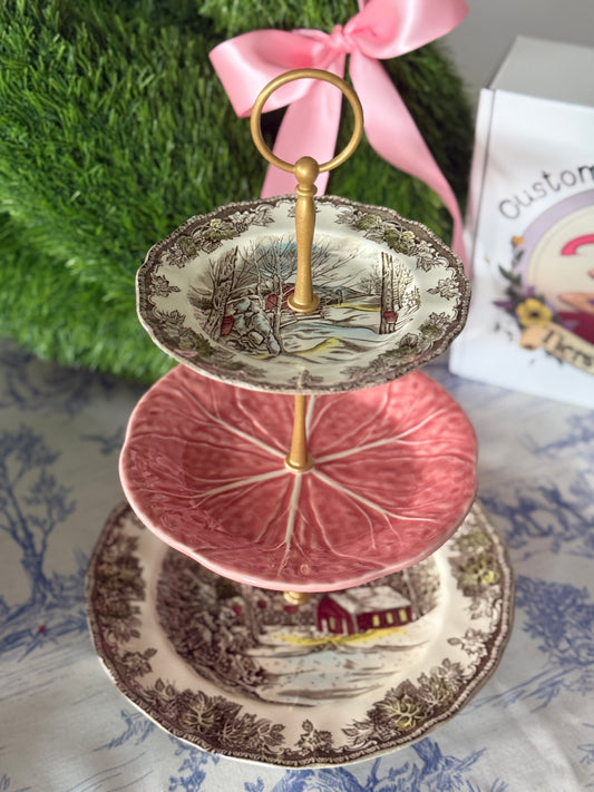 Johnson Brothers Friendly Village and Bordallo Pink Cabbage Three Tiered Stand