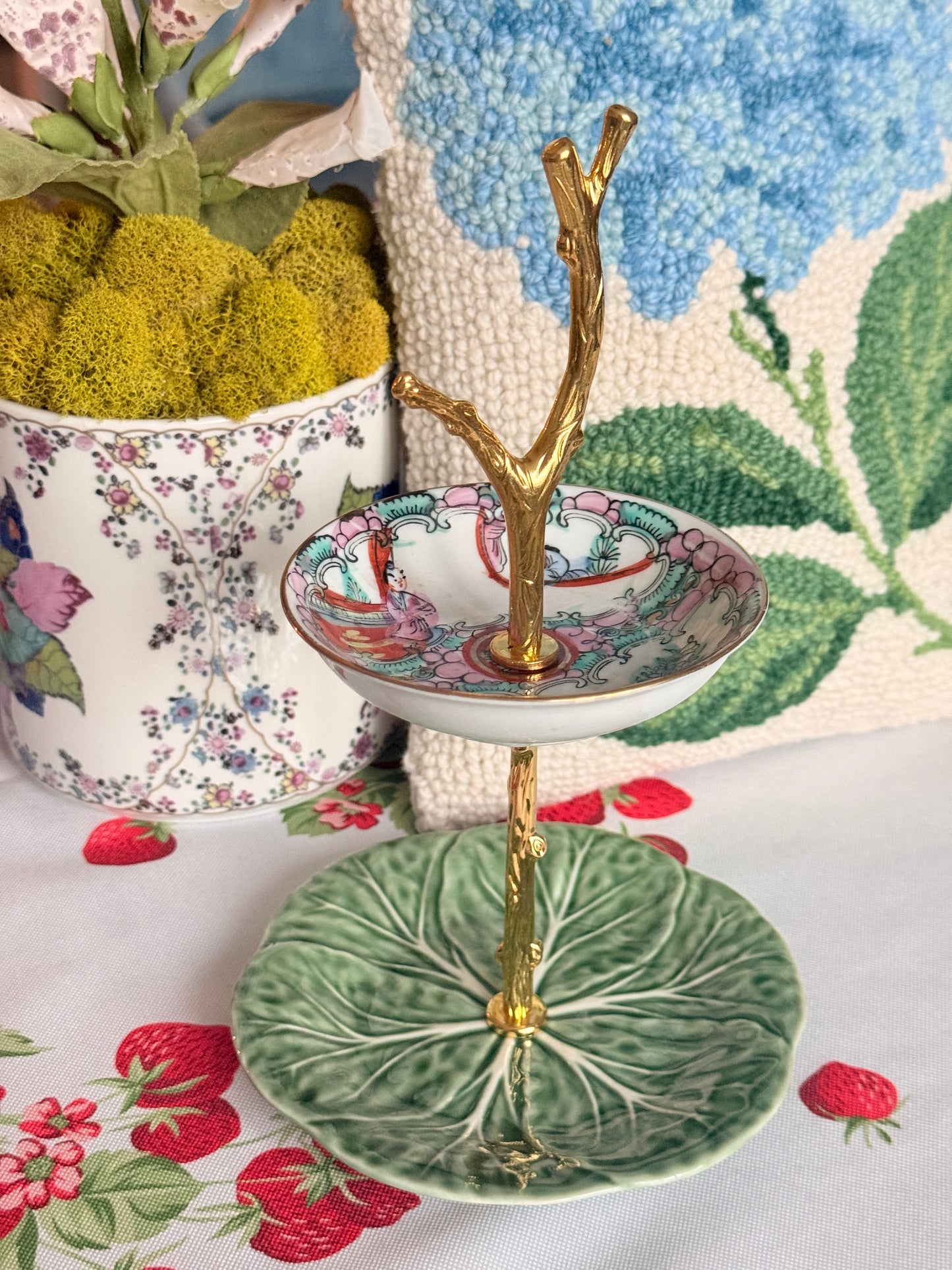 Vintage Rose Medallion and Green Cabbage Petite Tiered Stand