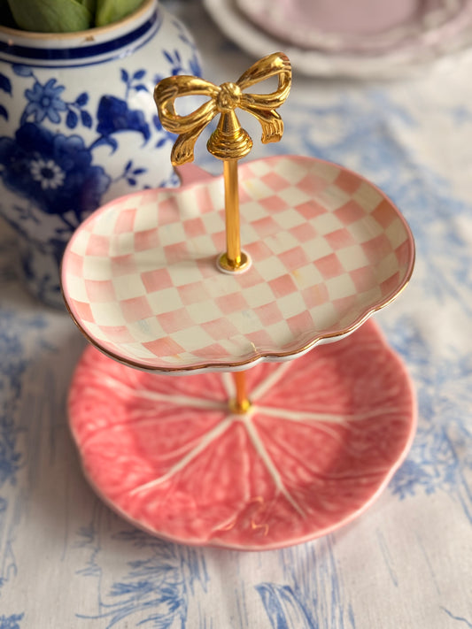 MacKenzie-Childs Pink Check & Pink Bordallo Pinheiro Two-Tier Petite Stand