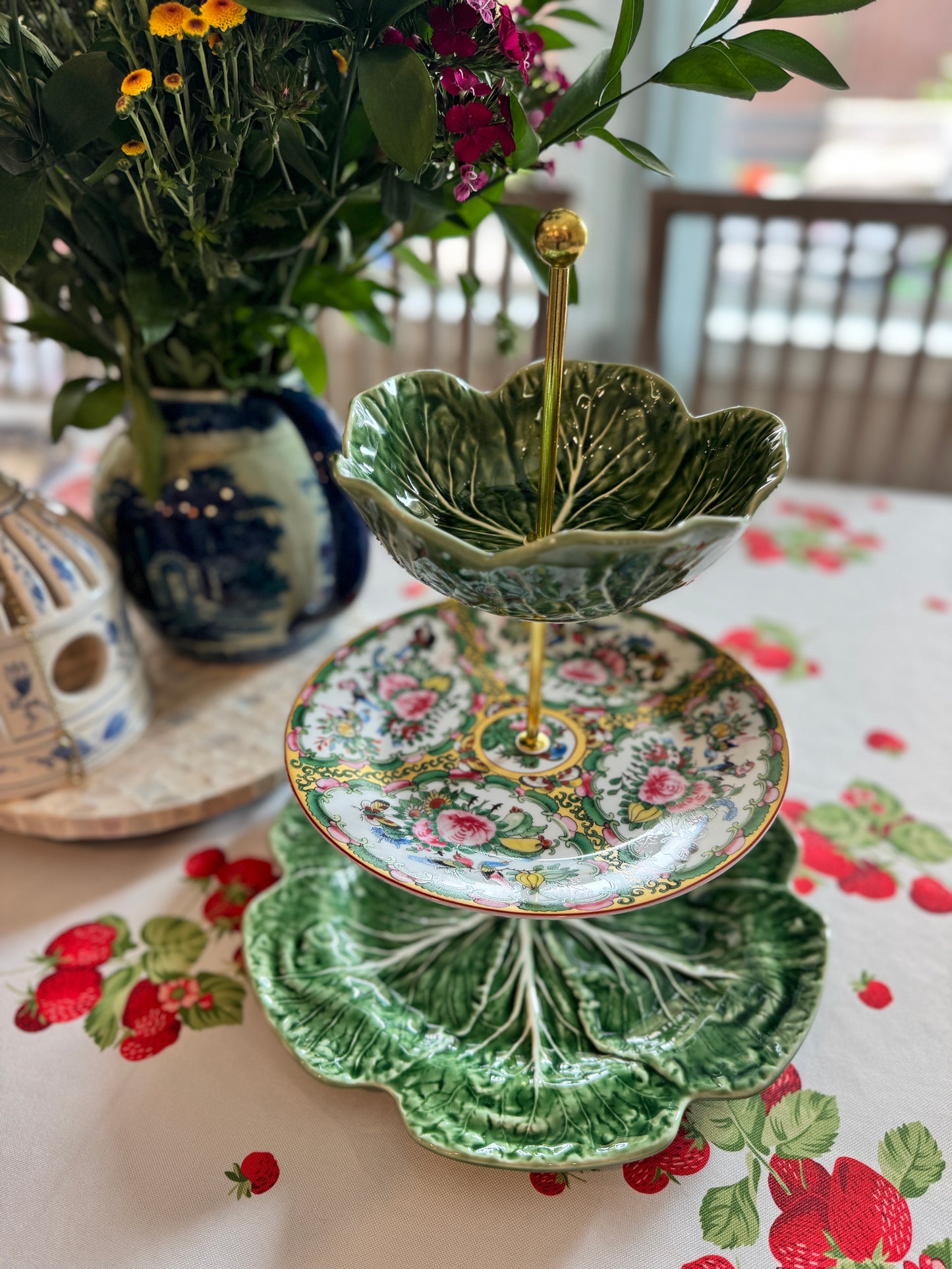 Oversize Bordallo Cabbageware and Famille Rose Three-Tier Stand – Charger Base with Cereal Bowl Top