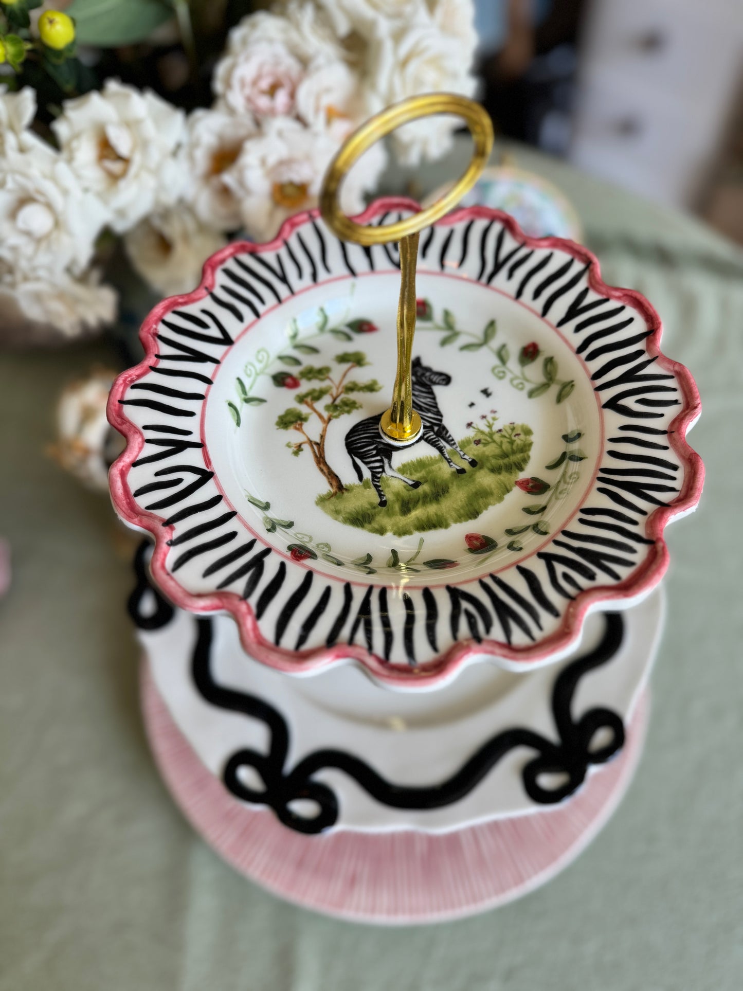 CE Corey Zebra and black bow Three Tiered Stand (13 inch base charger)