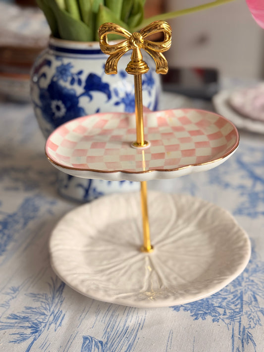MacKenzie-Childs Pink Check & Bordallo Pinheiro Two-Tier Petite Stand