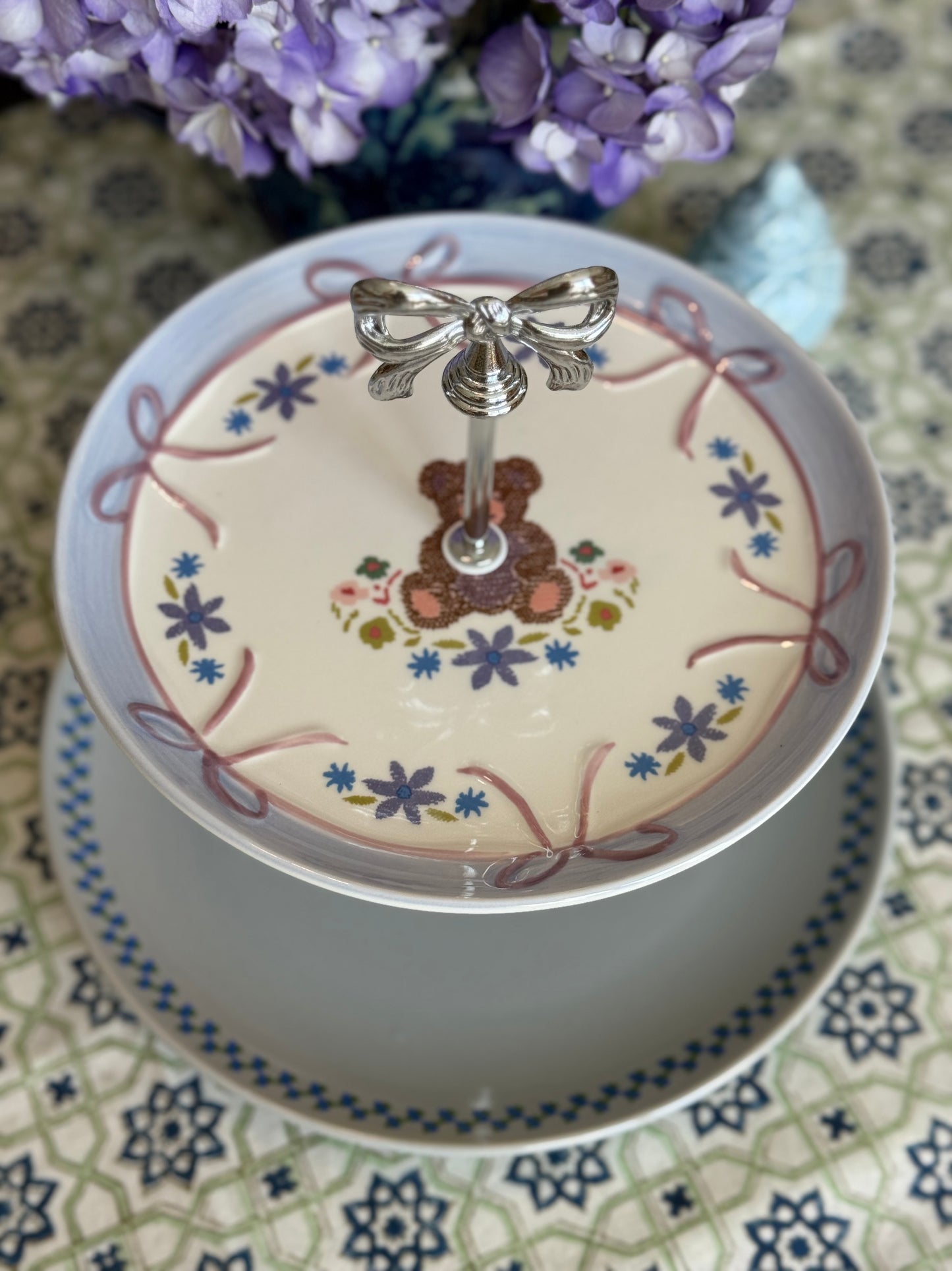 Purple Bear Two-Tier Tiered Stand with Silver Bow Hardware | 10.5” Base Nursery & Baby Shower Dessert Stand