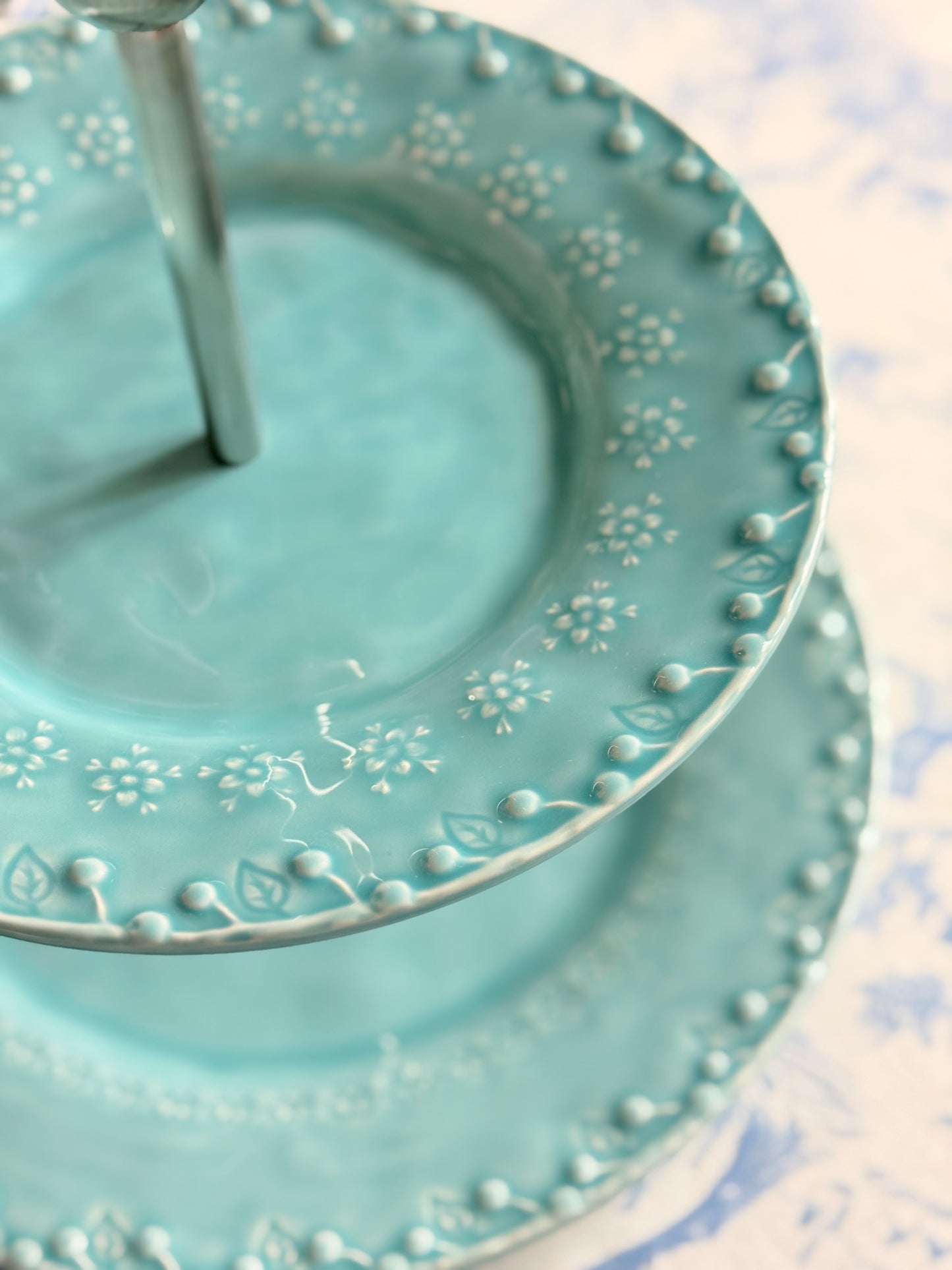 Bordallo Pinheiro Flora Two-Tier Stand in Aqua Blue — 11.5” Base