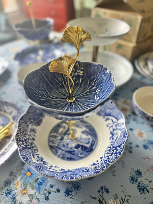 Blue Cabbage and Spode Blue Italian Tiered Stand – 2-Tier Handcrafted Serving Tray