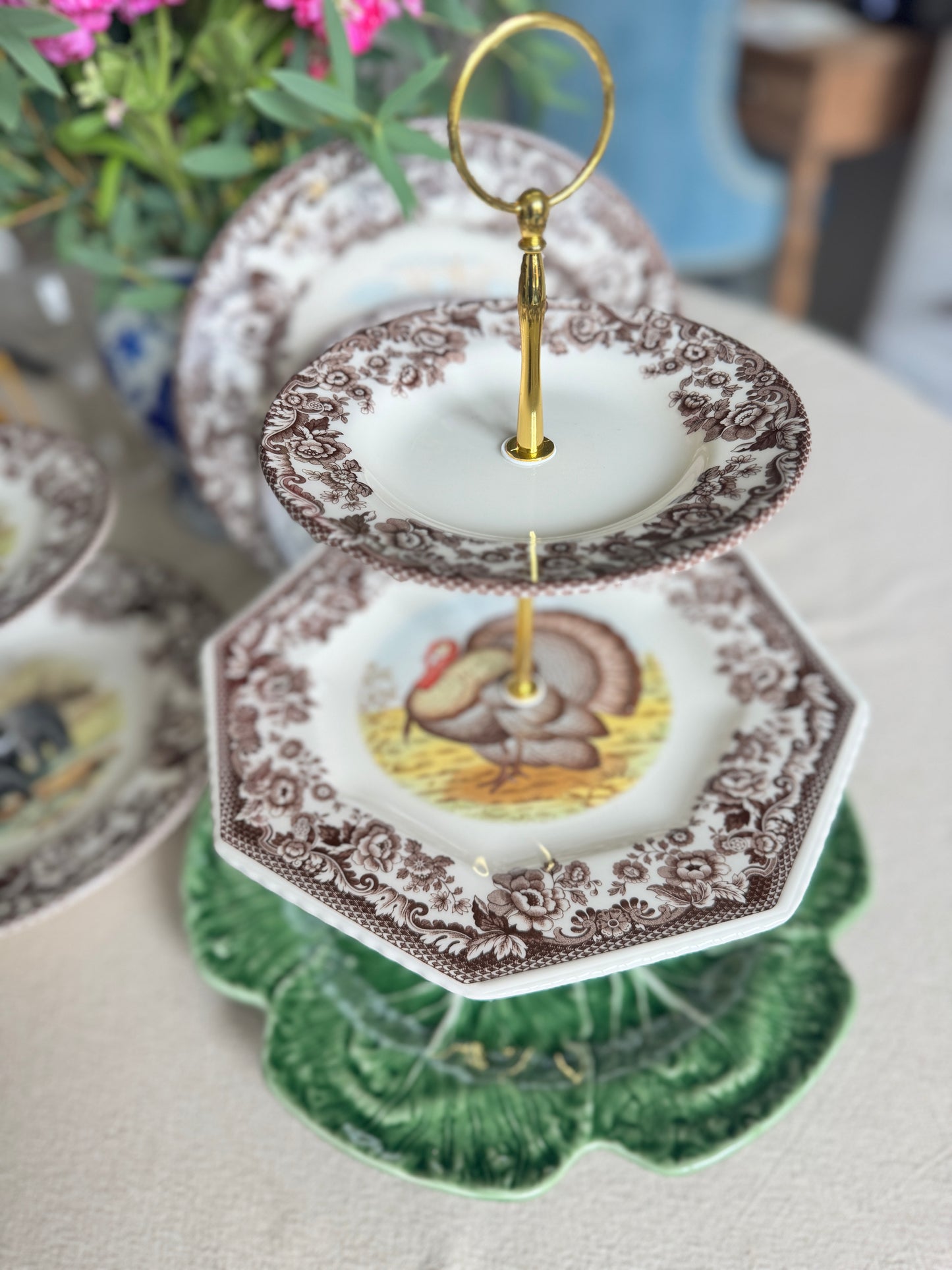 Spode Woodland Turkey 3-Tier Serving Stand with Bordallo Pinheiro Cabbage Charger – Handcrafted Holiday Dessert & Appetizer Stand