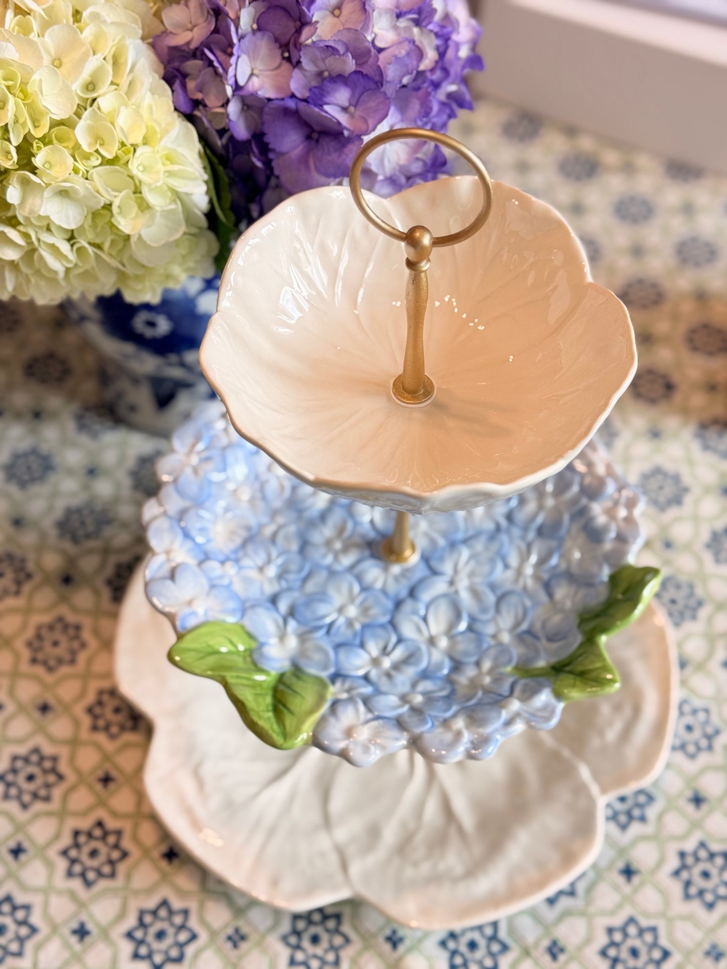 Bordallo Beige Cabbage and Hydrangea Three Tiered Stand | Blue Floral Serving Stand